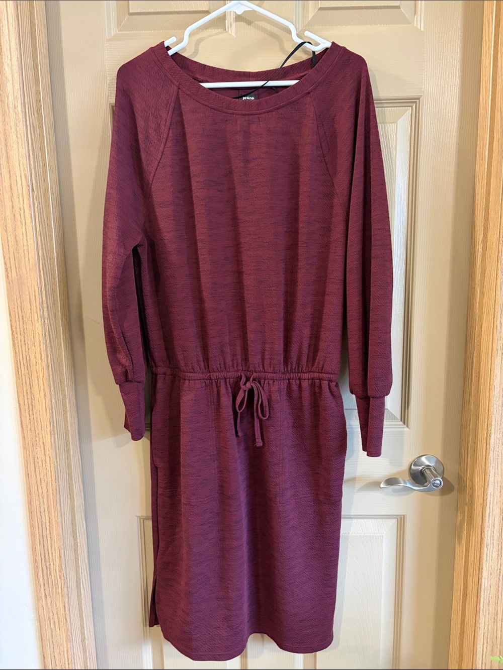 Prana Maroon Sunrise Long Sleeve Drawstring Waist Midi Dress